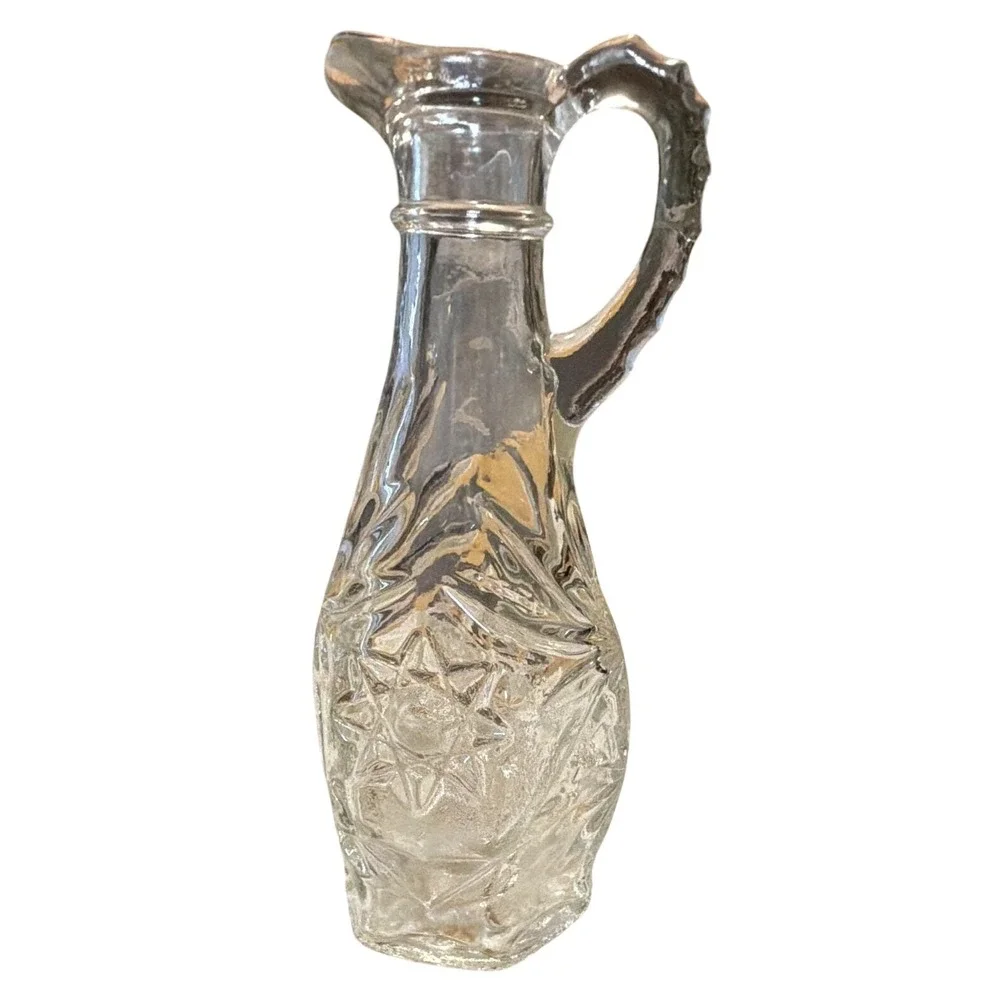Vintage Clear Pressed Glass Cruet Starburst Diamond Pattern Oil Vinegar Decanter